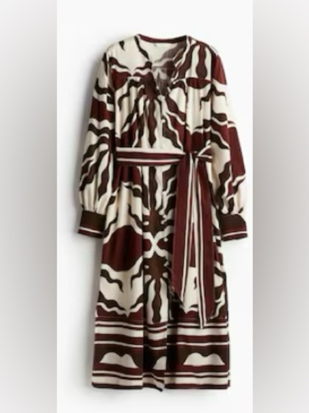 HM Brown & Cream Printed kaftan, Long Sleeve ,Tie-Waist Dress